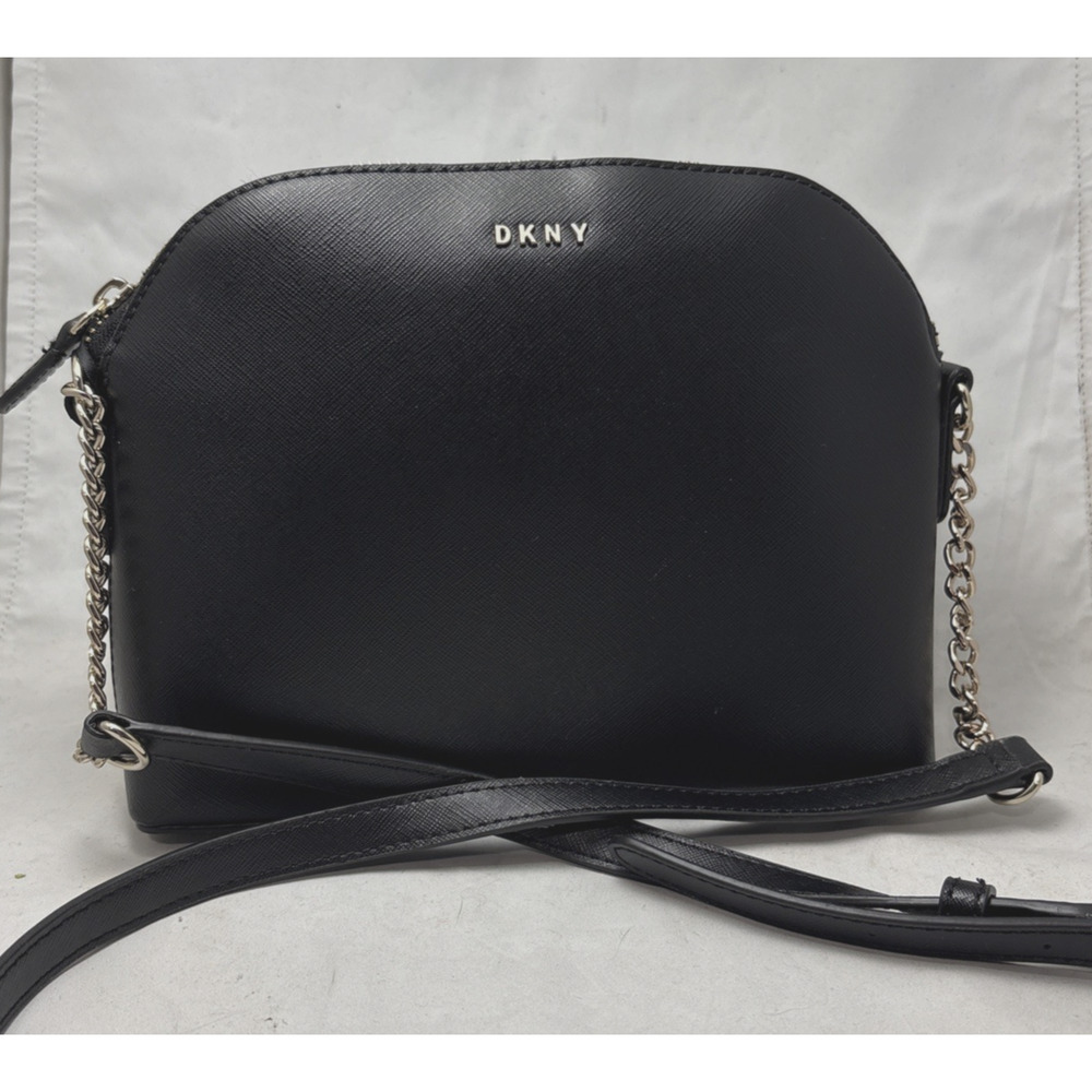DKNY Black Saffiano Crossbody Bag Purse Gold Chain Buckle Adjustable Strap NEW